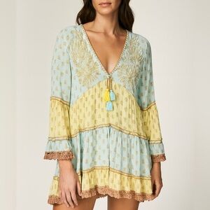 Boho Madrid Embroidered Tunic Mini Tassle Dress Size M Blue Yellow Metallic
